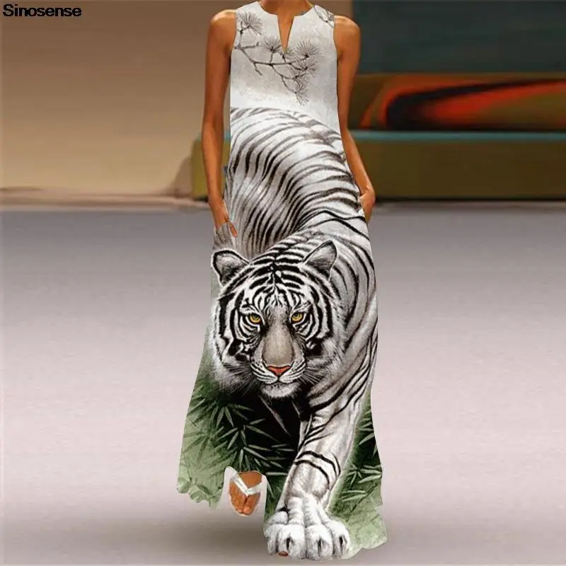 

Women's Summer Casual Boho Dress Bengal White Tiger Print Sleeveless V Neck A Line Loose Long Beach Party Maxi Dresses 3XL 5XL