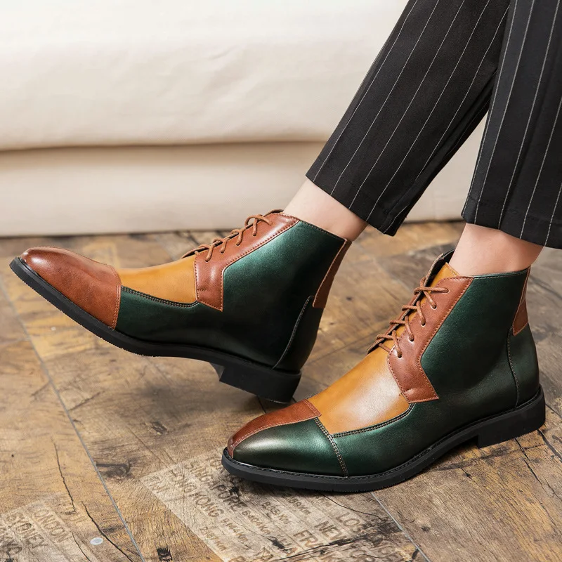 

Men's Dress Boots Genuine Leather Pointed Toe Chelsea Boots for Men Fashion Business Casual Shoes Patchwork Classic Male Boots