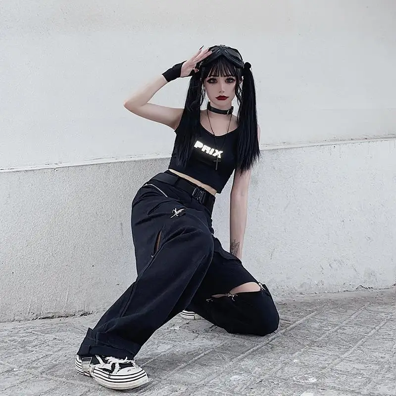 New 2025 Streetwear Black Pants for Women Fashion High Waist Detachable Streetweart Cargo Pants Woman