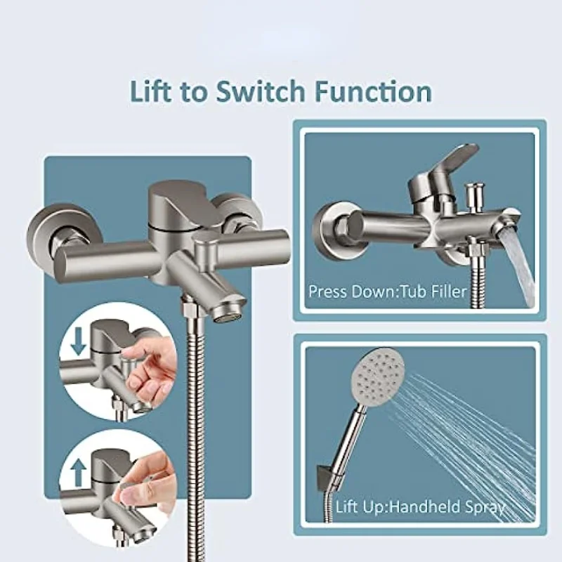 Bathroom Brushed Bathtub Faucet Wall Mount Filler with Handheld Rainfall Sprayer Shower Set Mixer Taps SUS304 Stainless Steel