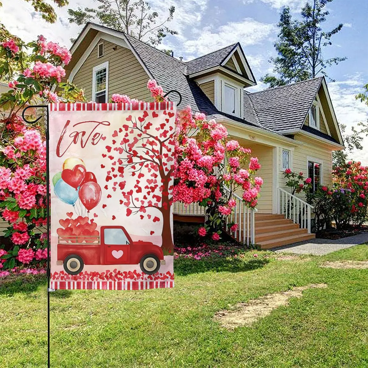 

Texupday Valentine's Day Love Heart Tree And Red Truck With Balloons Garden Flag Outdoor Wedding Yard Flag Garden Flag