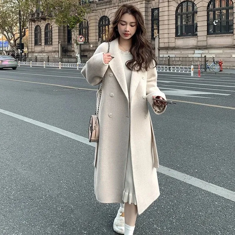 Korean Fashion Women Casual Loose Woolen Coat Elegant and Chic Solid Outerwear Long Overcoat with Belted Female Warm Cloak