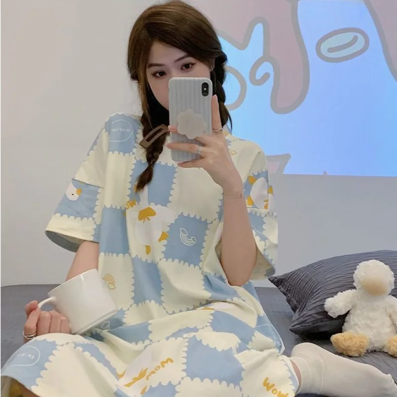 Women Summer New Nightdress Girls Japanese Cartoon Short Sleeve Mid-length Pajamas Casual Loose Sleepshirts Cute Lady Nightgowns