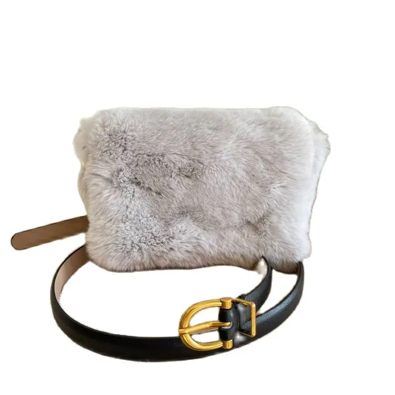 Soft Fluffy Fur Crossbody Bag Rex Rabbit Leather Waist Pack For Women With Adjustable Belt Embellished Leather Waist Pack