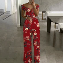 

Floar Jumpsuits Women 2021 Summer Casual V Neck Sexy Off Shoulder Wide Leg Pants Loose Playsuit Short Sleeve Beach Party Romper