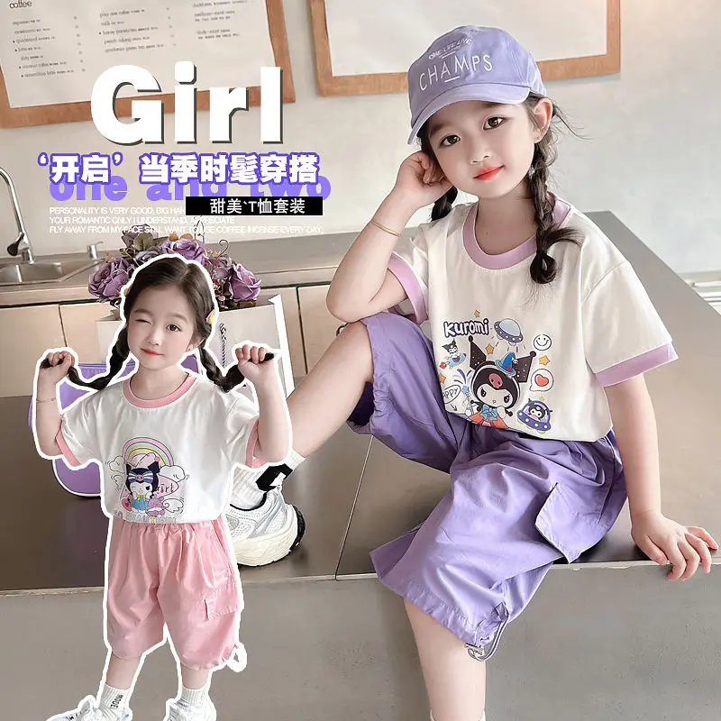 

Summer Kawaii Sanrio Anime Kuromi Ins T Shirt Pants Set Cute Cartoon Fashion Short Sleeve Trousers Lovely Gifts for Kids