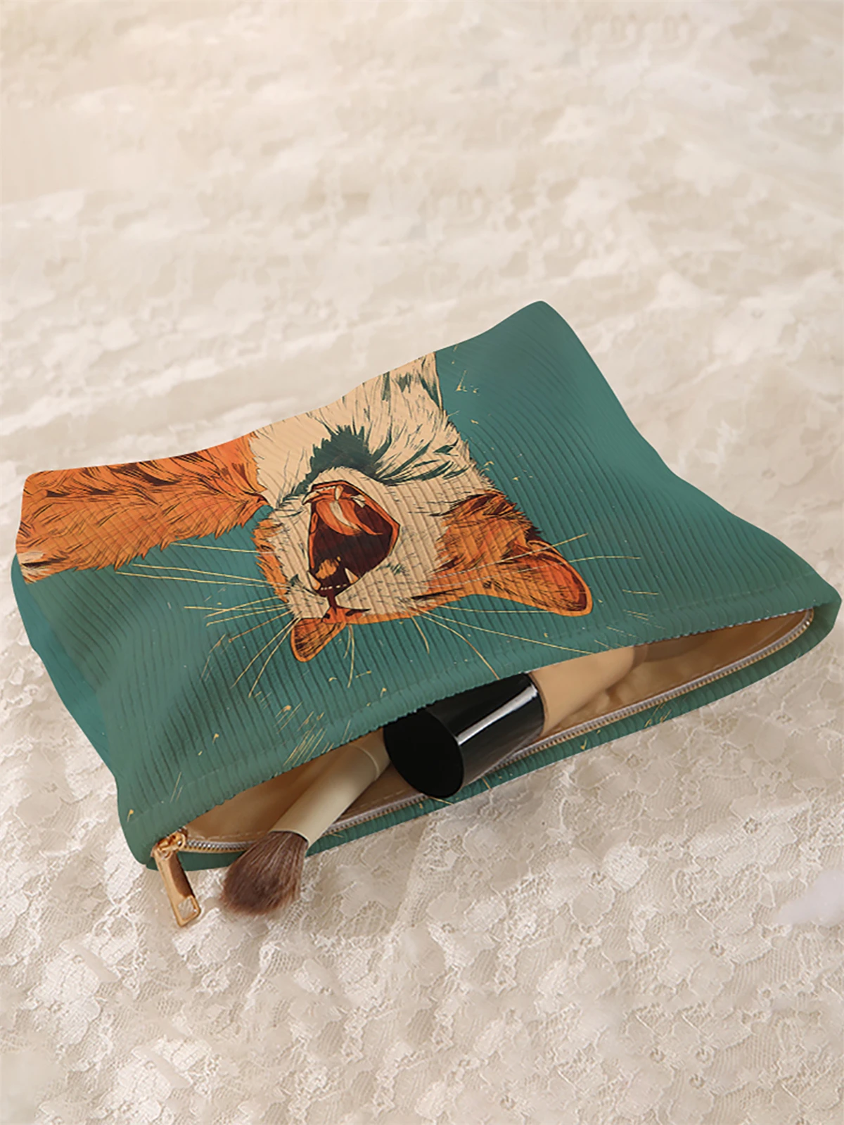 1 cat patterned corduroy makeup bag, lightweight zipper makeup storage box, multifunctional bag with lining