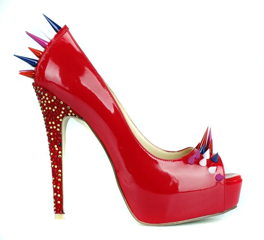 

Red patent leather rivets studded high heel shoes sexy pee toe slip-on woman pumps fashion crystal embellished platform heels