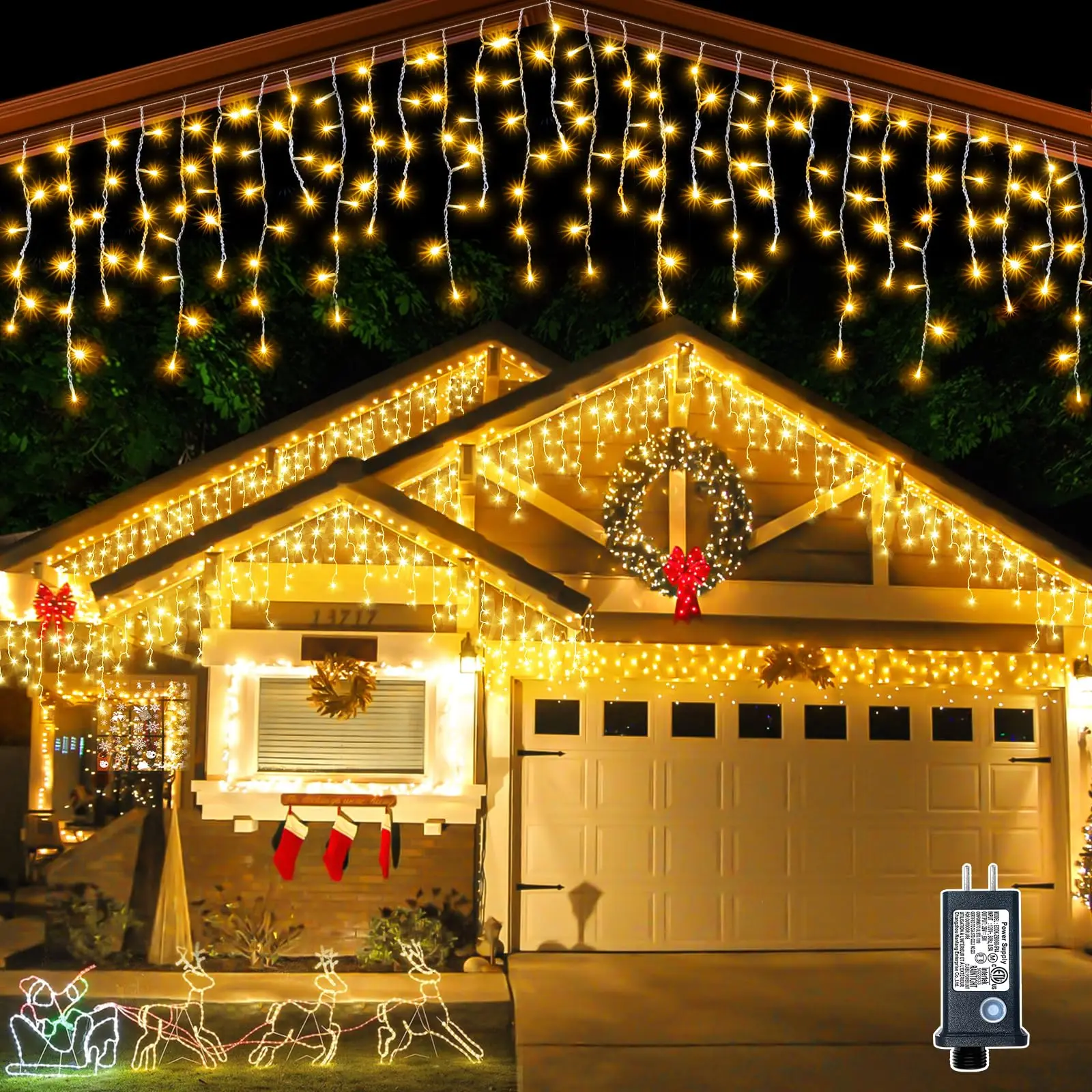 thumbnail image 1 of Cortina de luces LED con forma de carámbano para Navidad, para exteriores, 4 m (ancho) x 0,6 m (alto), luces de cadena de hadas con destellos blancos, alambre transparente, decoraciones de Año Nuevo, 1 of 5