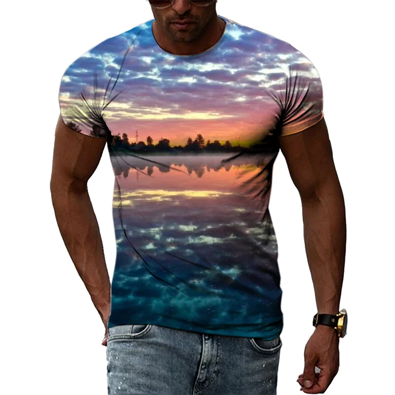 

New Tide Summer Fashion Scenery Picture Casual Print Tees Hip Hop Personality Round Neck Short Sleev Tops