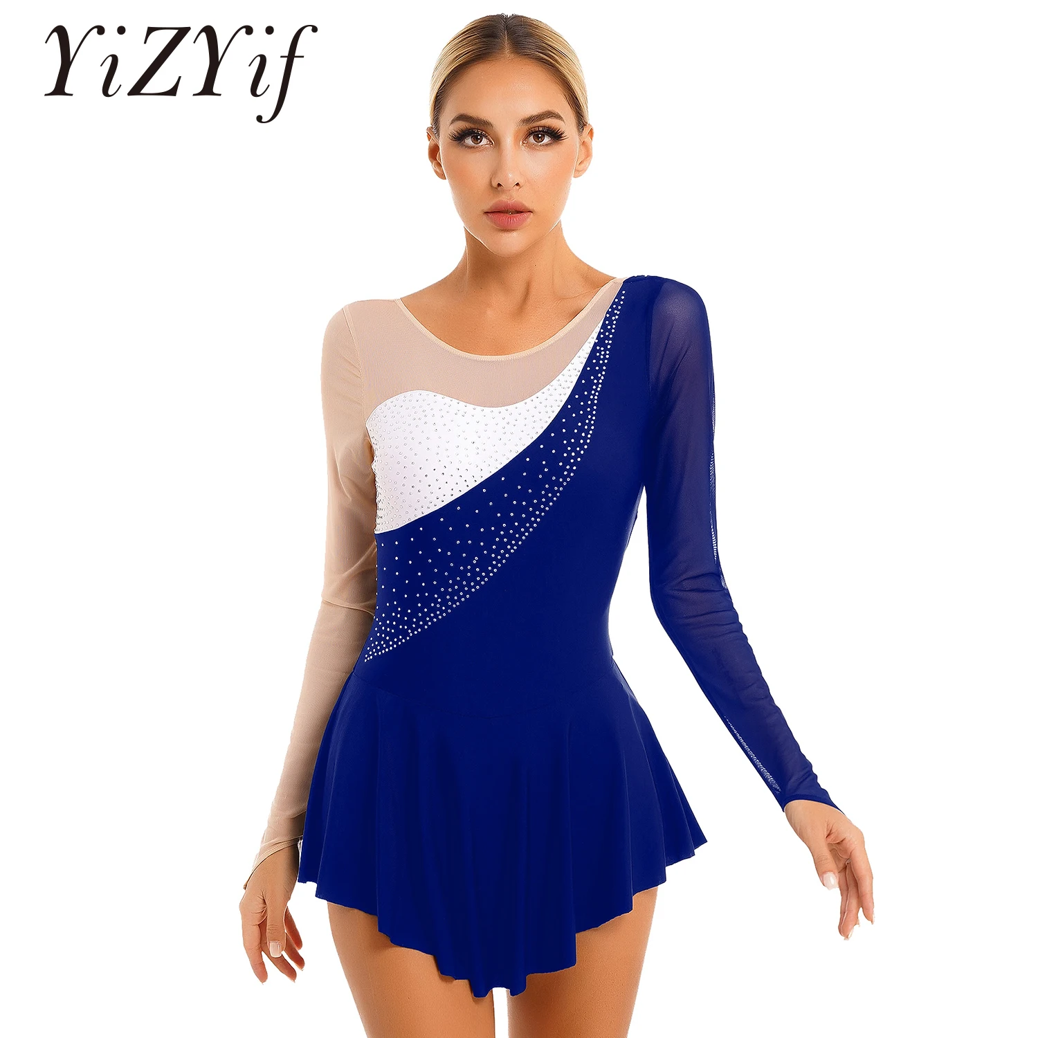 

Womens Ballet Dance Dress Long Sleeve Rhinestone Skirted Gymnastics Leotard Figure Ice Skating Performance Competition Costumes