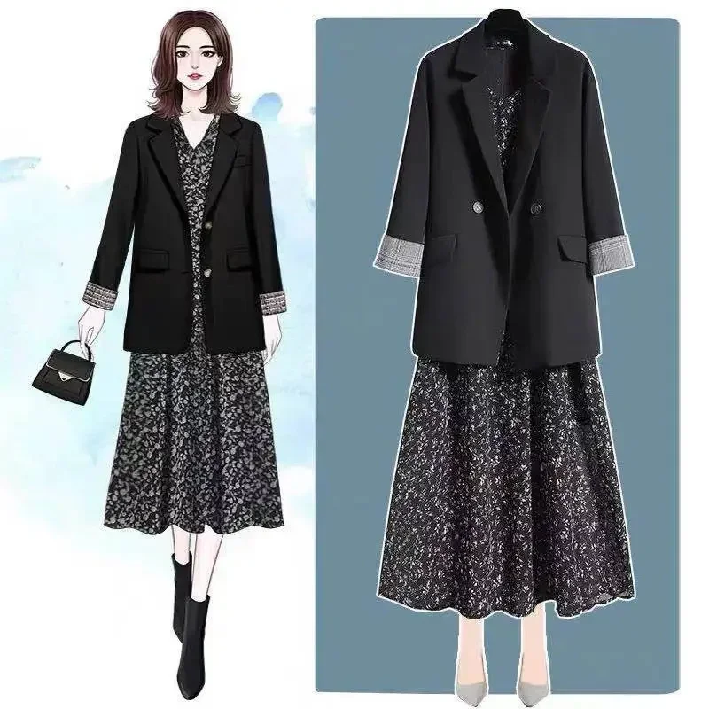 

Oversized Dress Sets Women New Autumn Fragmented Long Sleeve Flower Print Maxi Dress+Black Blazer Suit Outwear Two Peice Set