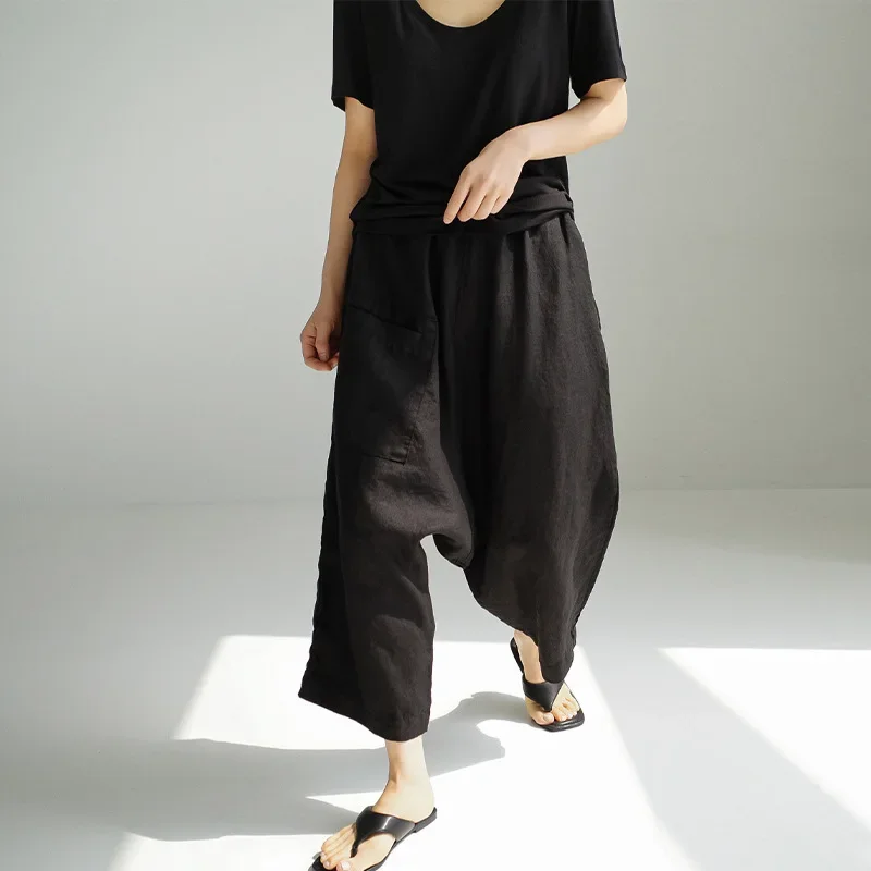 Chic Women Summer Linen Cotton Casual Vintage Wide-leg Pants New Fashion Elastic Wais Pocket Loose Ankle-length Pantalons 2