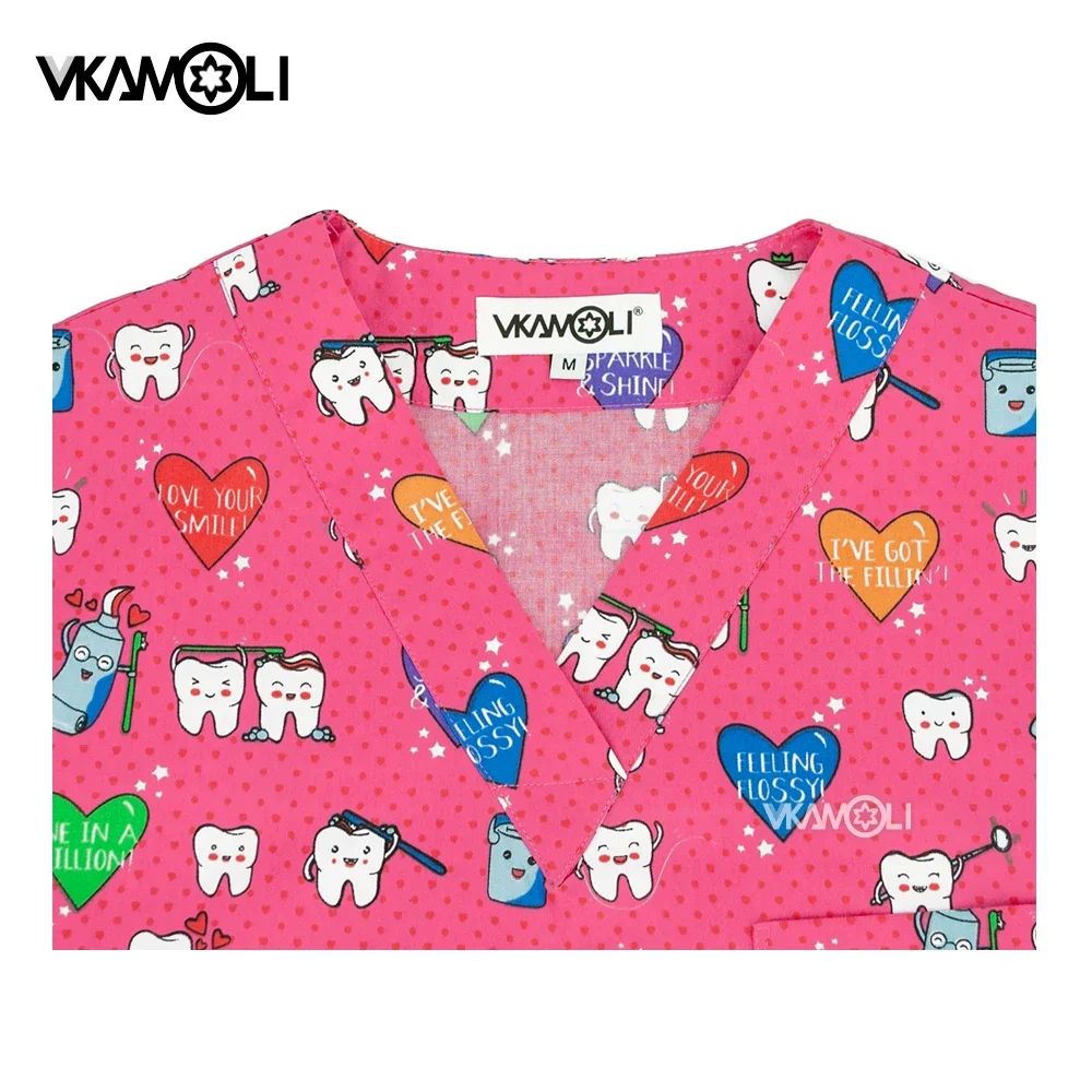 Dental Hospital Multi-Pocket Nursing Scrubs Tops Cute Cartoon Tshirt Short Sleeve V-Neck Tops dentist Working Uniform
