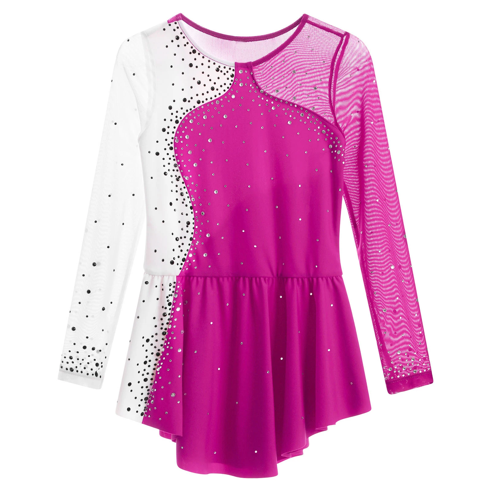 Girls Figure Ice Skating Dresses Kids Long Sleeve Rhinestone Tights Gymnastics Dress Leotard Ballet Dance Performance Costume