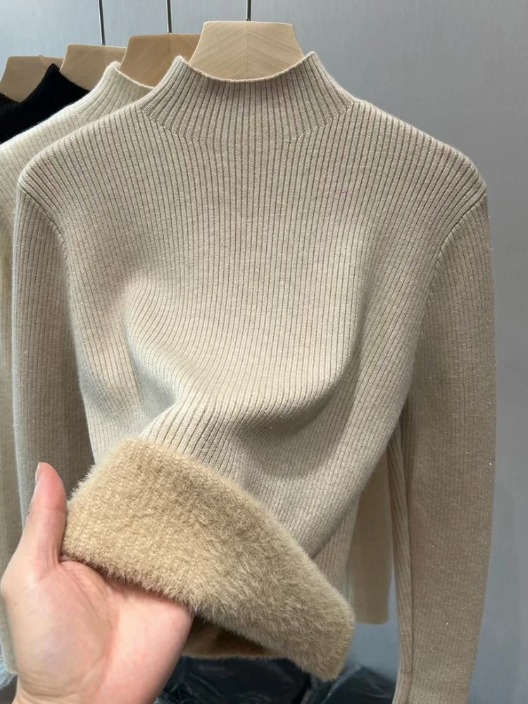 Women's Autumn and Winter New Semi-turtleneck Solid Color Long-sleeved Sweater Fashion Integrated Fleece Warm Bottoming Shirt