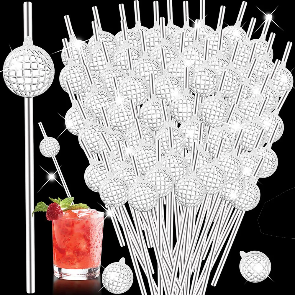 

30pcs Disco Party Decorations Disco Ball Straws Disposable Mirror Silver Paper Straw Birthday 70s Retro Dance Holiday Wedding