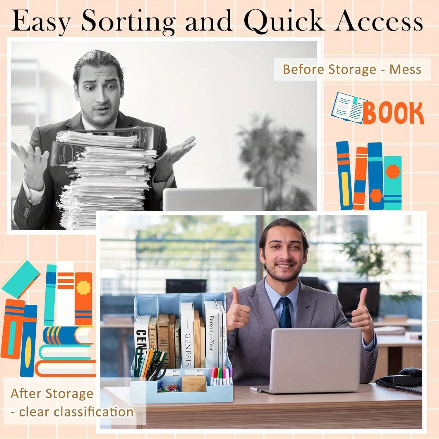 4 Packs Plastic Desk Organizer File Folder, Desktop Magazine Holder, Office File Sorter Rack, Vertical File Dividers 5