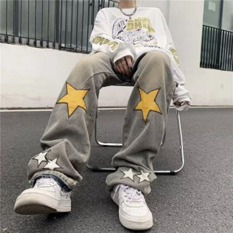 

American Star Printed Jeans Men's Straight Pants Loose Wide Leg Pants Hip-hop Street Trend Pants 2023 Y2k Jeans streetwear