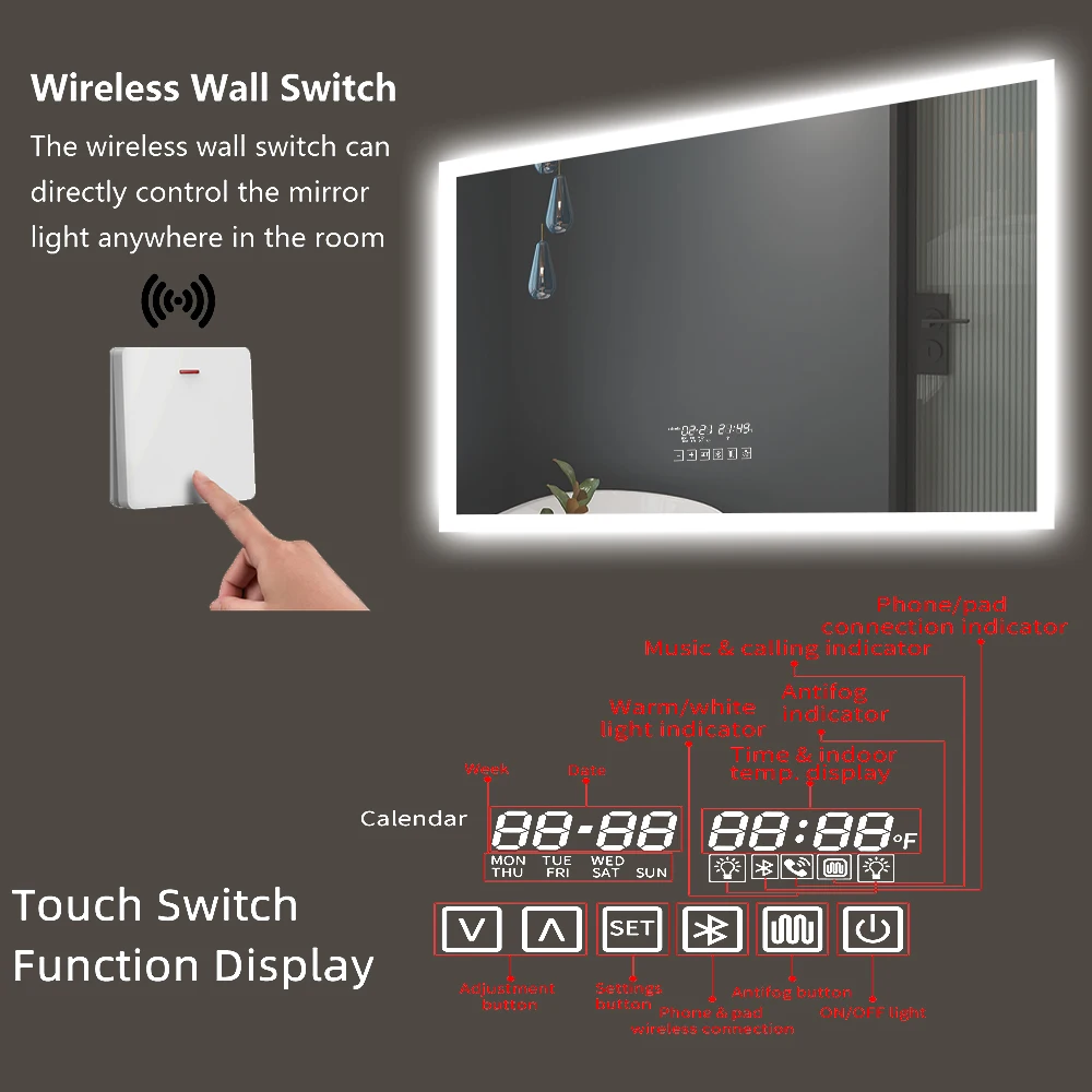 Anti Fog Bluetooth Bath Mirror Smart LED Mirror For Makeup Modern Lighted Vanity Wall Mounted Backlit Dimmable