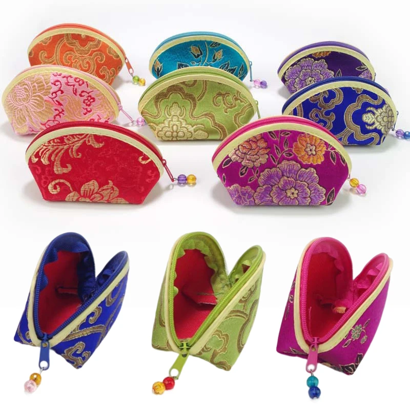 

Chinese Style Zip Jewelry Storage Bag Seashell Silk Jewelry Bag With Zip Small Silk Fabric Pouch Coin Purse Candy Bag Gift Pouch