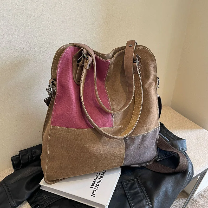 Vintage Tote Canvas Shoulder Bag Casual Large Capacity Handbag Splicing Style Unique Design Casual Trend Personality All-match