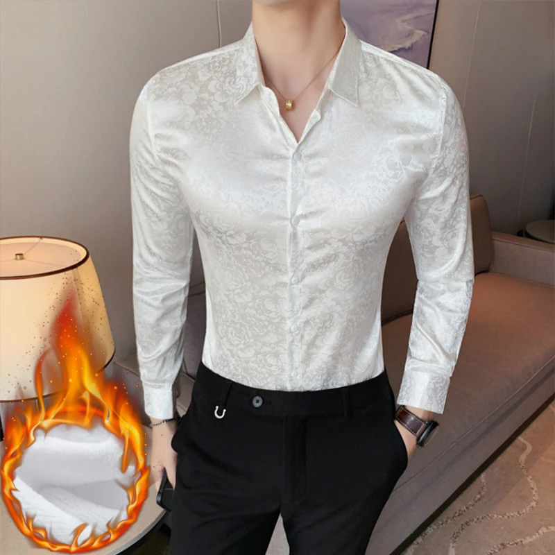 남성용 신사용 캐주얼 비즈니스 패션 플러스 플리스 두꺼운 프린트 슬림핏 단색 웨딩 긴팔 셔츠, 부티크 신제품