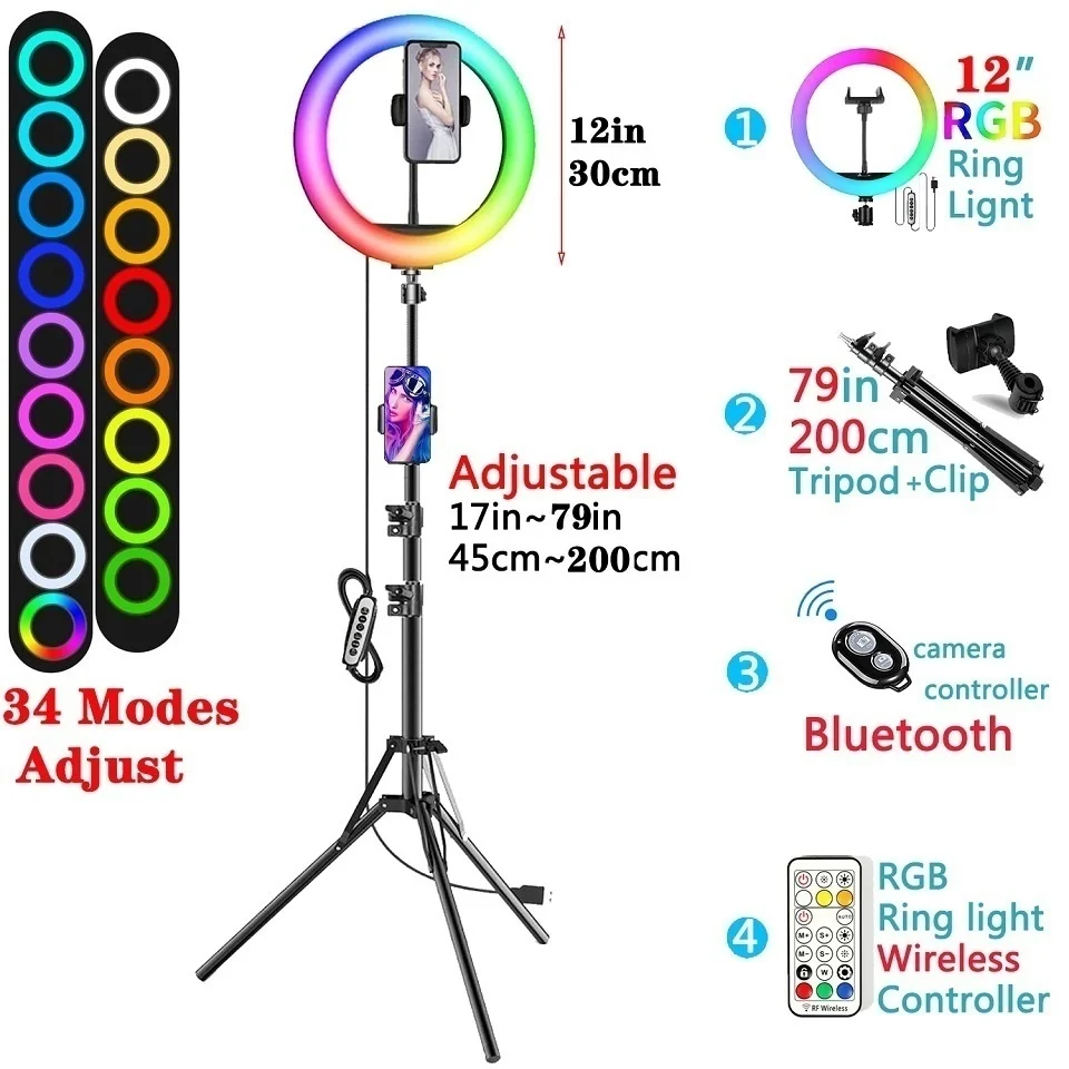 12in 30cm Selfie Ring Light RGB Tripod Phone Stand Holder Photography RingLight Circle Fill Light Led Color Lamp Trepied Makeup