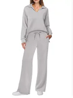2025 European and American Autumn and Winter New Fashion Casual Women's Long Sleeved Drawstring Solid Color Commuting Pants Set - Image 3