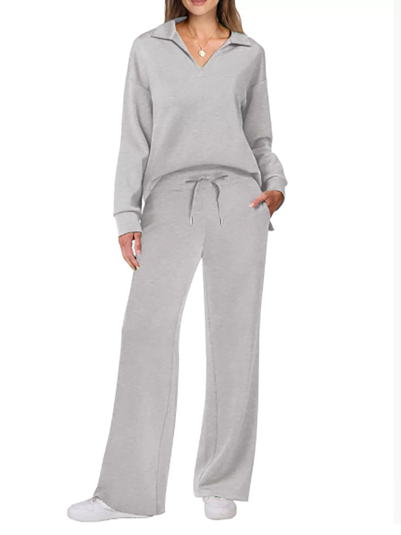 2025 European and American Autumn and Winter New Fashion Casual Women's Long Sleeved Drawstring Solid Color Commuting Pants Set 3