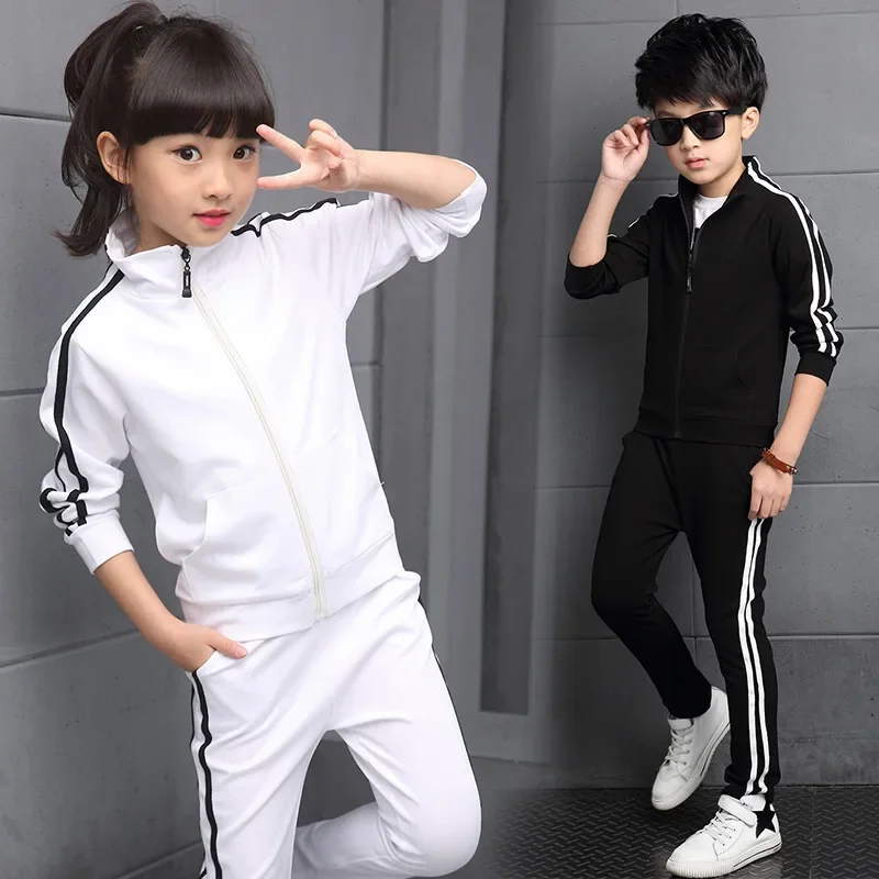 

2024 girls Boys Clothes Children solid Sports Suit Teenager tracksuit strip zipped jacket + sports legging pants 8 10 11 12 year