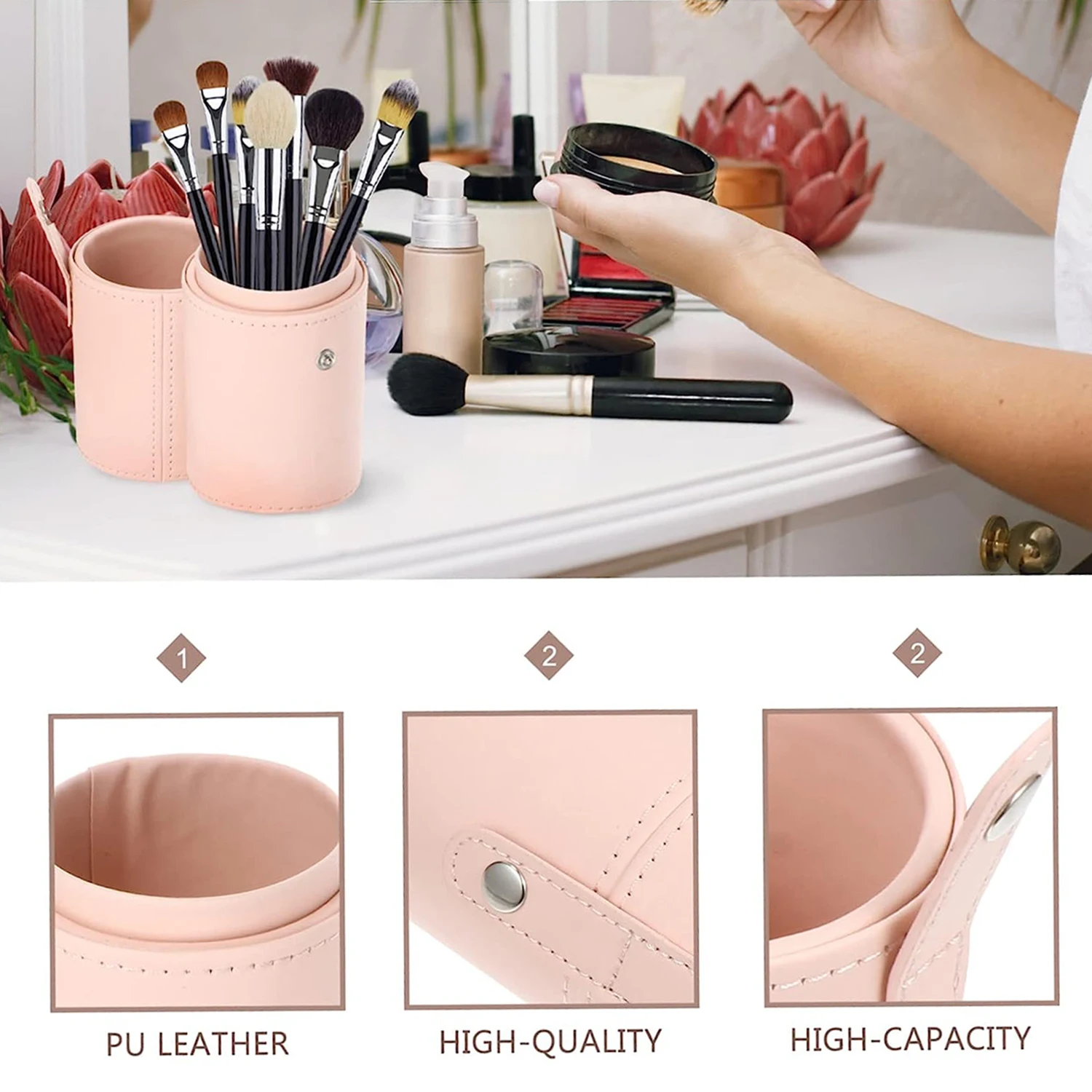 Makeup Brush Storage Bucket PU Leather Hasp Makeup Brush Holder Travel Portable Cosmetic Brush Organizer Eyebrow Pencil Holder 4