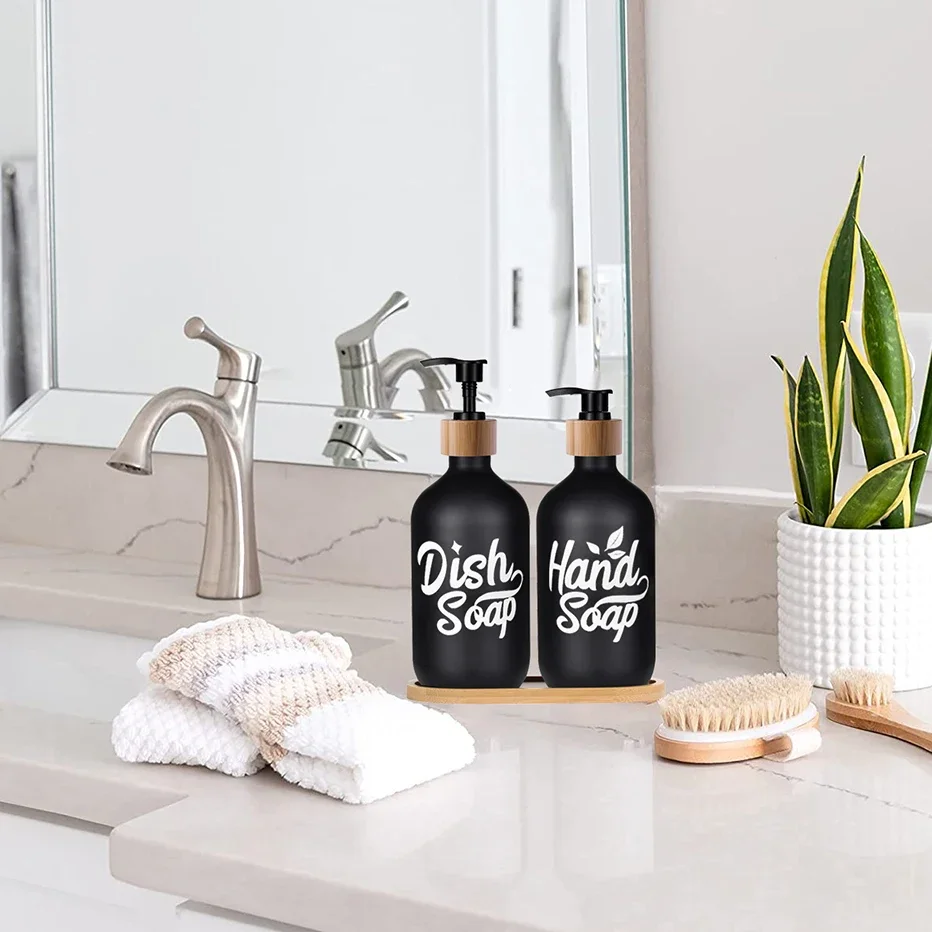 Soap Dispenser Refillable Bottle Soap Dispenser Bottle 500ml Matte Black Dish Soap Hand Soap Bottle Kitchen Bamboo Wood Pump Bathroom Accessories