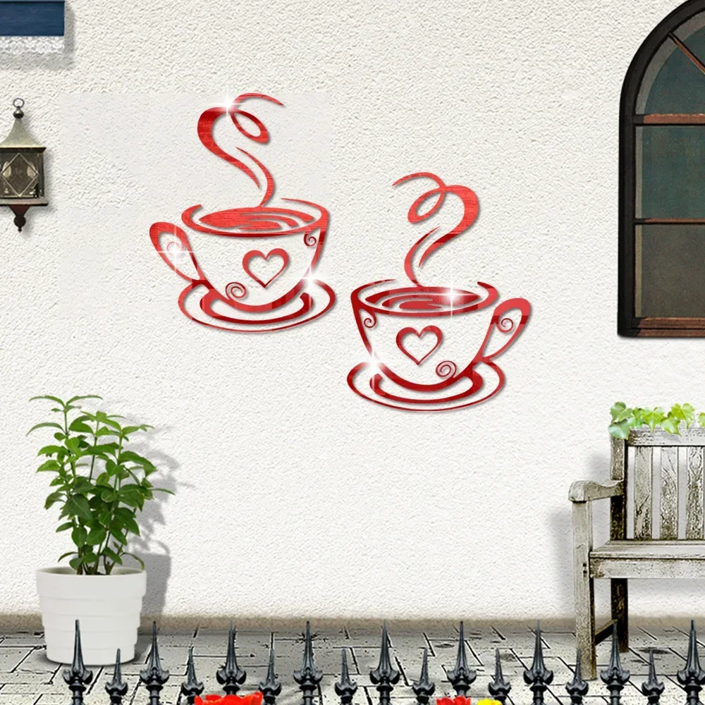 Coffee cup mirror wall stickers three-dimensional 3d self-adhesive layout restaurant kitchen door decoration cafe room decor Wall Sticker Mirror Wall Sticker