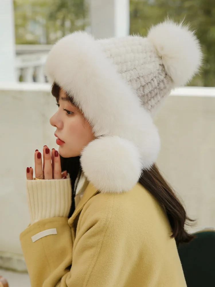 hot-selling-fashion-three-ball-women's-fur-mink-woven-fox-fur-high-end-hats-for-women-autumn-and-winter-warm-hats-travel-hats