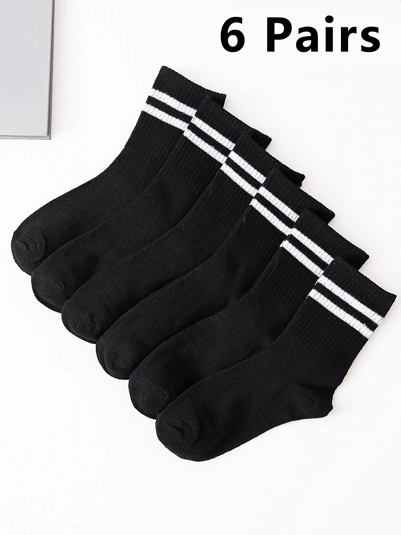 Women's Stockings Set 6 Pairs High Tube Mid Length Pure Black And White With Parallel Bars Sweat Absorption