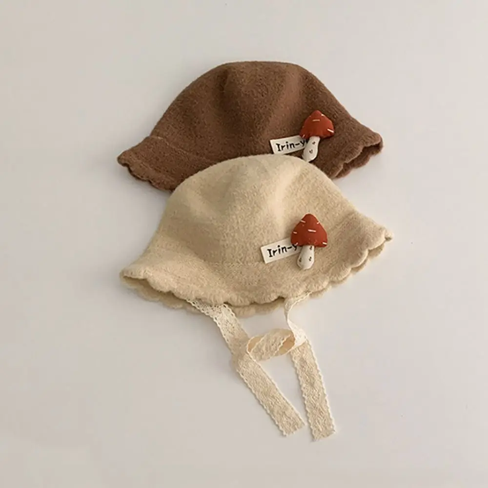 Soft Warm Knitted Hat Mushroom pattern Solid Color Curled Fisherman Cap Breathable Cold-Resistant Baby Bucket Hat Winter Season
