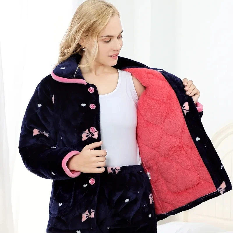 

Winter Warm Women Pajamas Set Long Sleeve Cute Leisure Women Sleepwear Set Velvet Pyjamas Homewear Thick Pijama Feminino