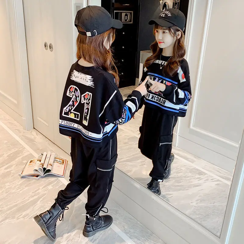 

Fashion Spring Autumn teenage Girl Clothes Children Casual Letter Jacket Pants 2Pcs/set Toddler Cotton Costume Kids Tracksuits