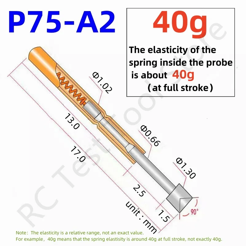 

20/100PCS P75-A2 Spring Test Probe Pogo Pin P75-A 1.30mm Cup Tip Head Nickel Plated 1.02mm PCB Test Tool Pogo Pin 17.0mm 40g