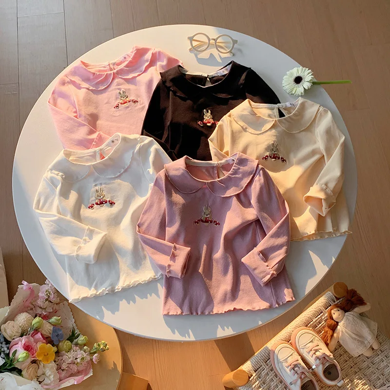 새 봄  티셔츠  귀여운 자수 피팅 토끼 언더셔츠 어린이 소녀 겉옷 하의 셔츠