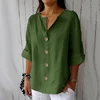 Summer Loose Shirt Women's V-Neck Cotton Linen Button Top Casual Shirts Solid Fashion Elegant Office Womens Clothing 2025 Blouse 3