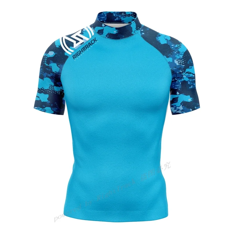 Men's Short Sleeve Surfing Shirt Champion Lycra Rashguard RIGHTTRACK For Surf Sportswear Beach UV Swimwear UPF50 Clothes sports shirt