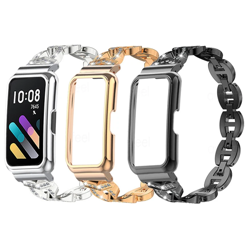 

Strap Protective Case For Honor Band 7 6 Smart Band Accessories Diamond Watch Band Metal Bracelets + Cover For Huawei Band 7 6