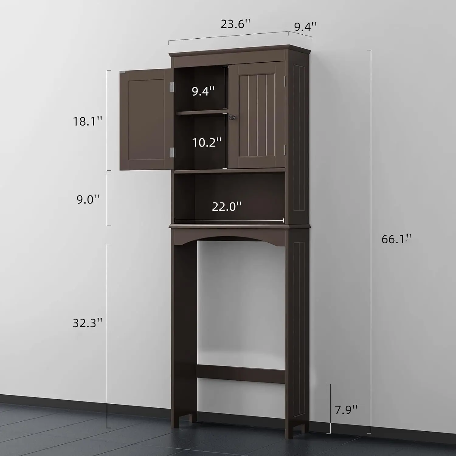 Over The Toilet Storage Cabinet with Open Shelf, Over Toilet Bathroom Organizer with Adjustable Shelf and Double Doors 2