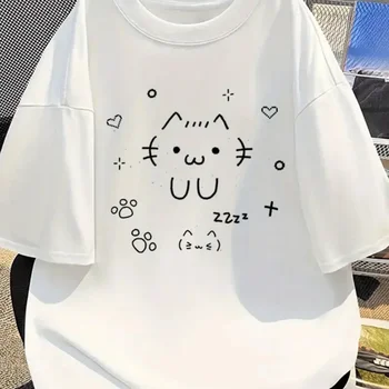 UU Cartoon Printed Fashion Pattern T-shirt Casual Short-sleeved White Cute Cat Summer Short Sleeved Harajuku Streetwear Tops Tee 1