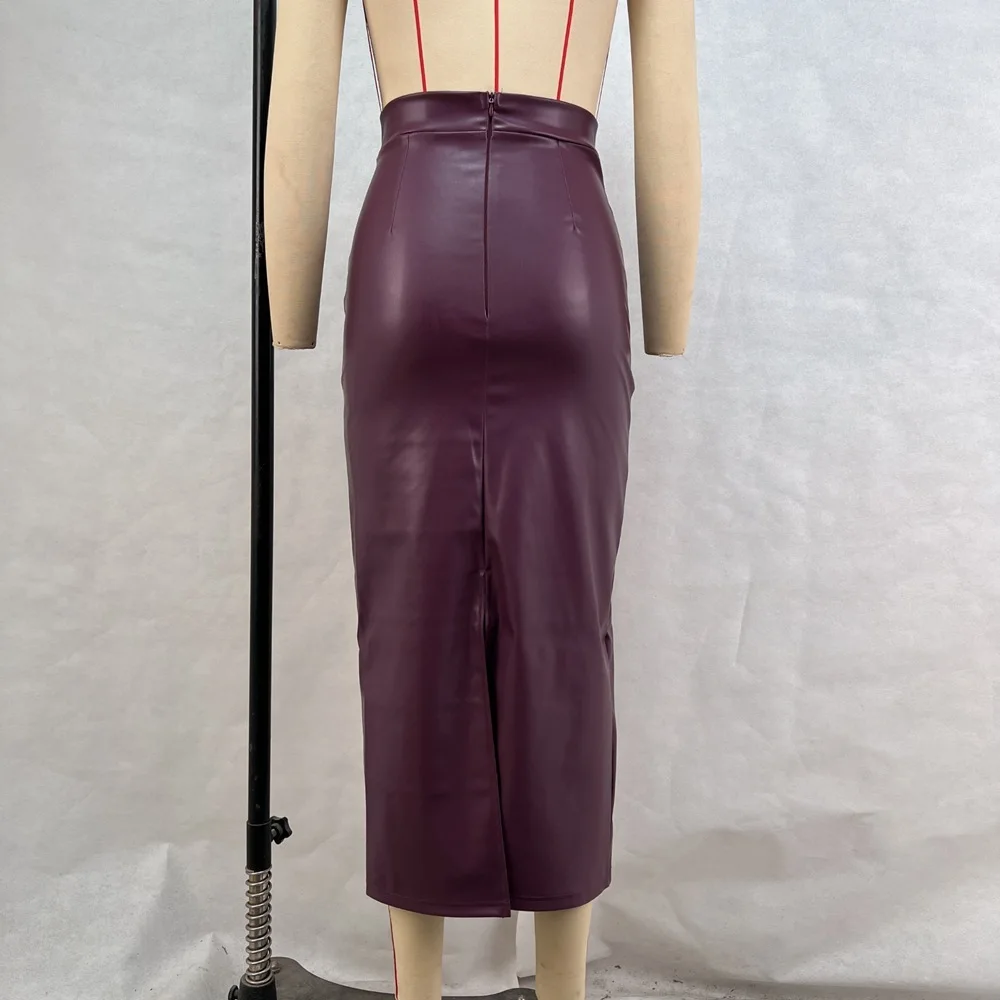 Elegant High Street Pu Leather Long Skirt 2025 Autumn Winter Fashion High Waist Burgundy Bodycon Split Open Office Lady Skirts