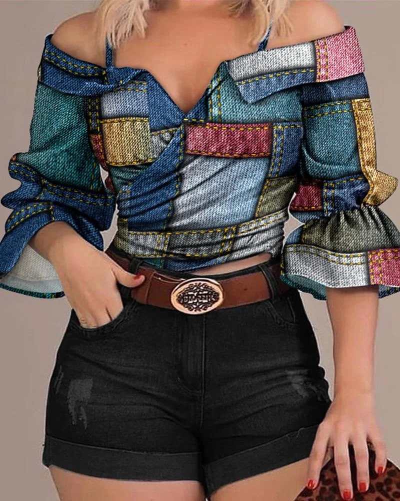 

Flare sleeve top Women's sexy off-shoulder cut top