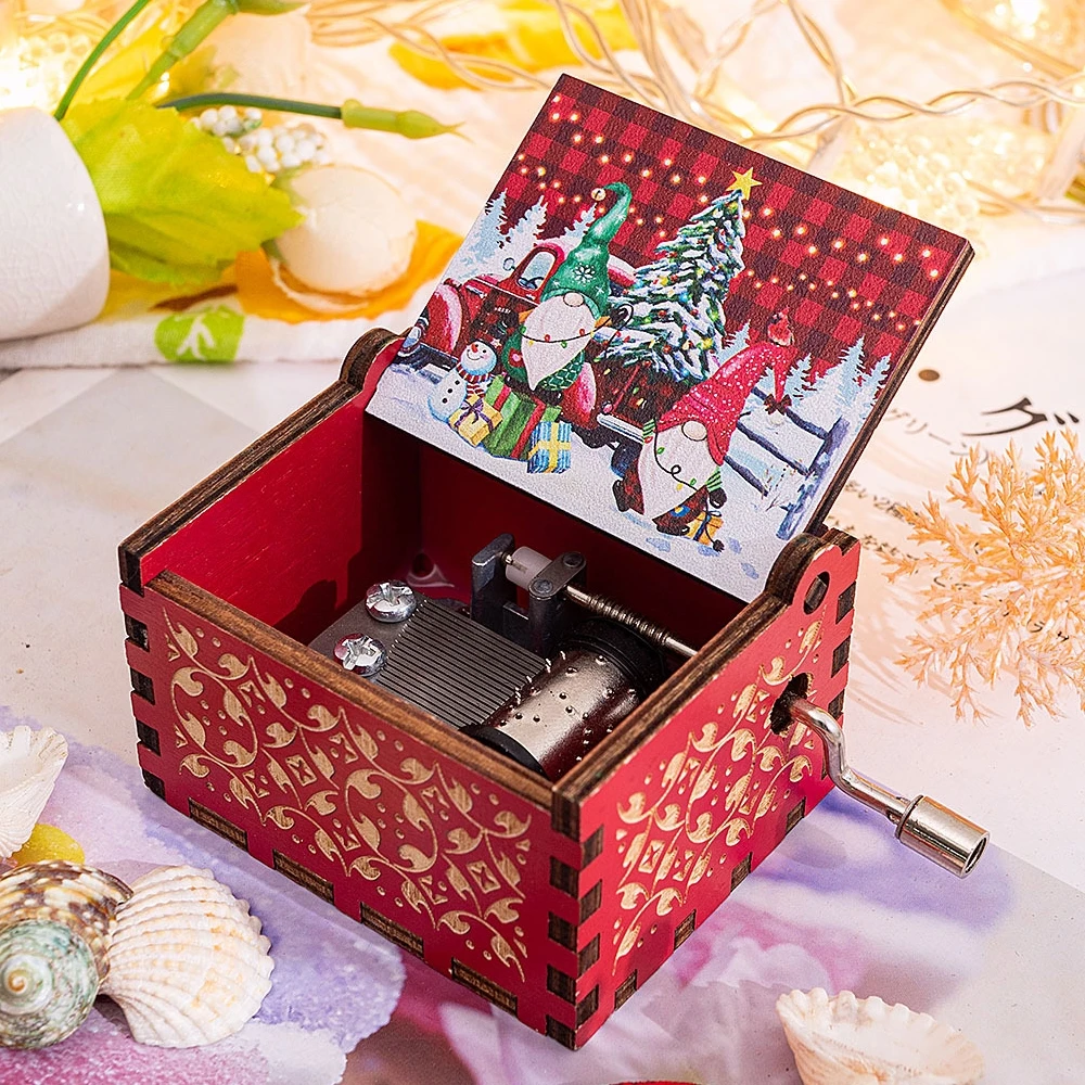 Music Box Red Merry Christmas Theme Carving Wooden Hand Crank Santa Claus New Year Christmas Gift Children Friend