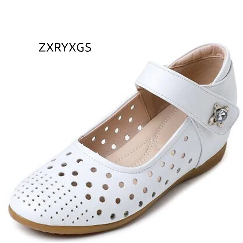 

ZXRYXGS New Fashion Premium Genuine Leather Hollow Sandals Flat Inner Height Wedges Sandals 2023 Large Size Mom Trendy Sandals